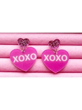 Heart Shaped Earrings XOXO Acrylic Glitter Top